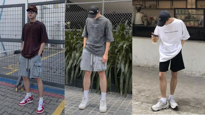 Nam giới mặc áo phông xám, quần jogger và giày thể thao trắng