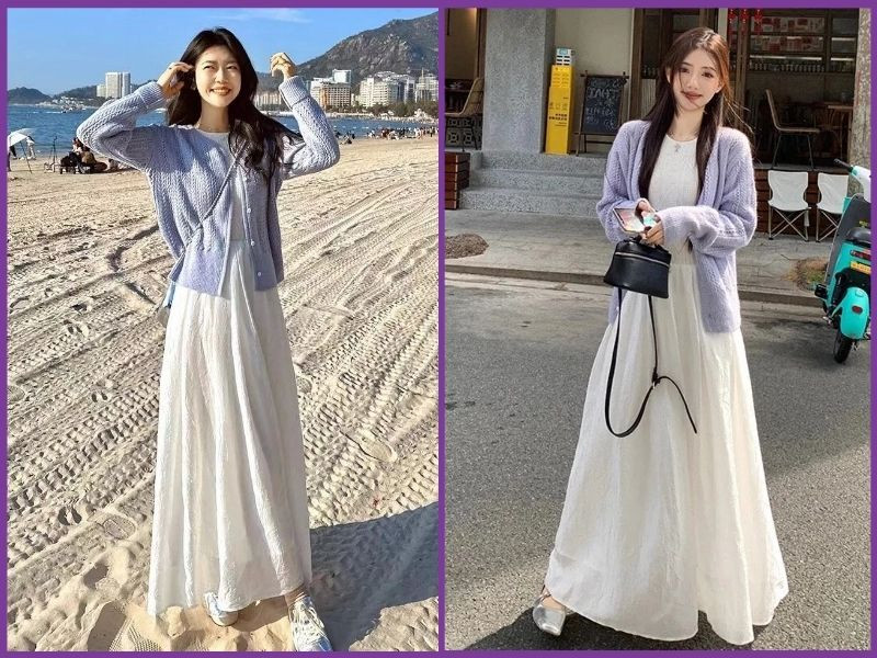 Nàng thơ mùa đông với áo cardigan len màu be, áo thun trắng và chân váy chữ A dáng dài, dịu dàng và ấm áp