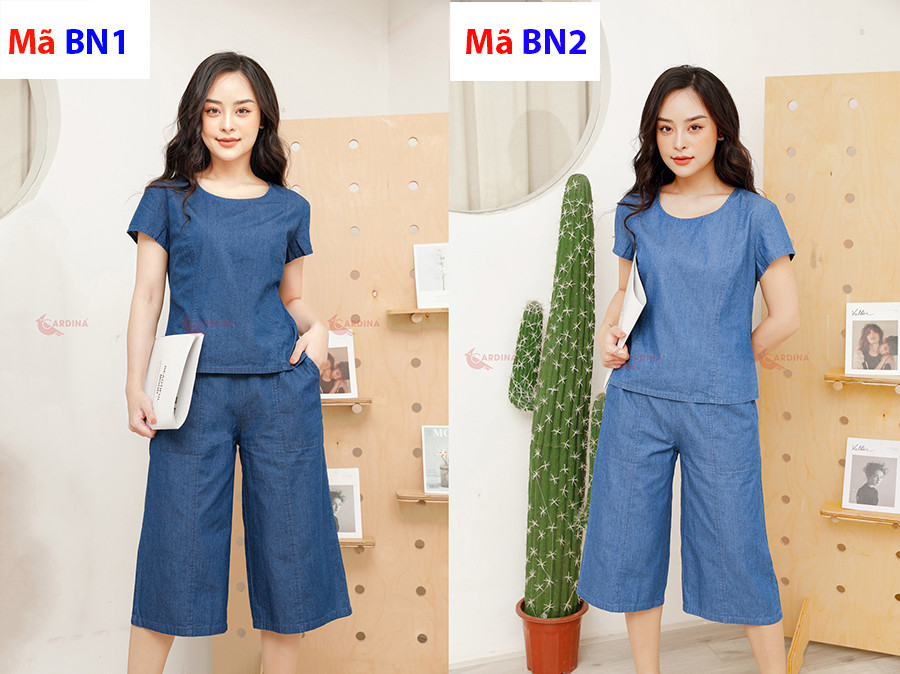 Người mẫu nữ diện bộ bò giấy nữ màu xanh nhạt phong cách năng động