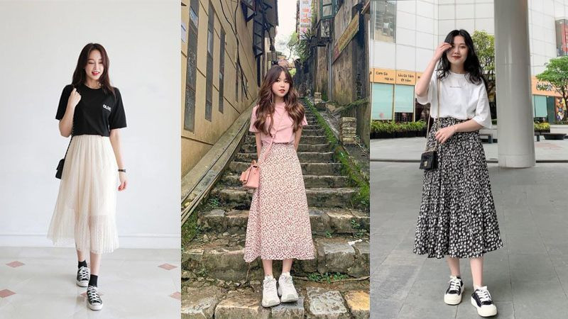 Nữ giới diện váy maxi hoa, áo thun đen và giày thể thao