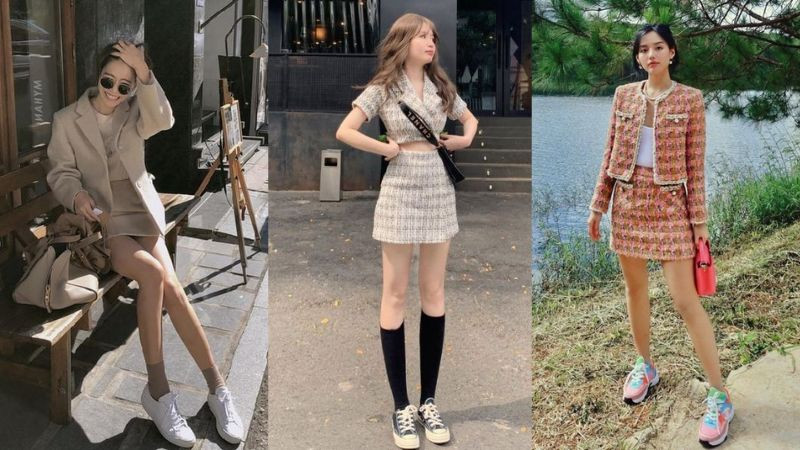 Nữ giới mặc áo khoác dạ màu kem, váy ngắn và giày thể thao trắng