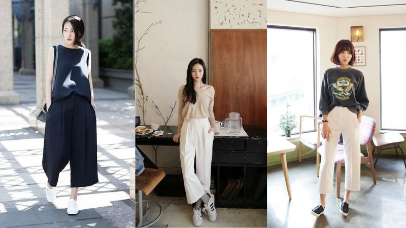 Nữ giới mặc áo kiểu, quần culottes kẻ sọc và giày thể thao
