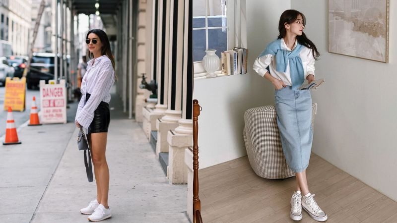 Nữ giới mặc áo sơ mi xanh, chân váy trắng và giày thể thao trắng