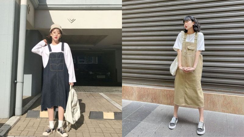 Nữ giới mặc yếm denim với áo phông và giày thể thao trắng