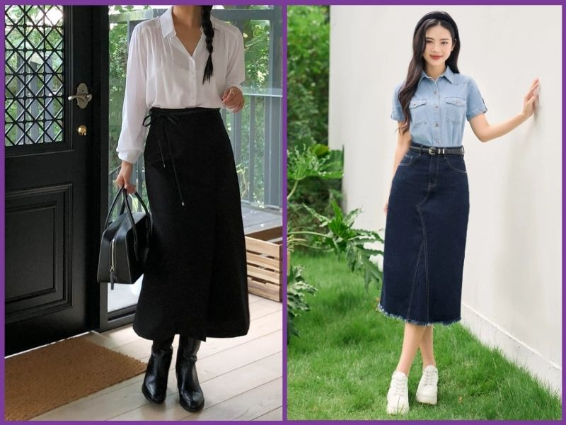 Nữ tính và thanh lịch với áo sơ mi trắng phối cùng chân váy chữ A dáng dài màu be, lý tưởng cho môi trường công sở