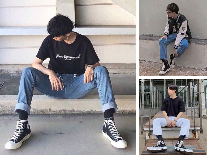 Outfit cá tính với giày thể thao nam cổ cao, quần jeans và áo thun