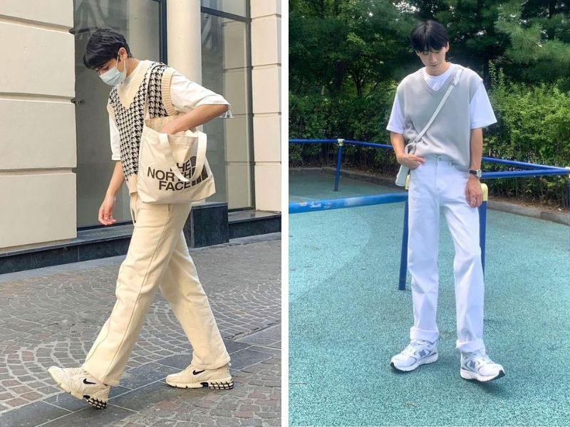 Phối đồ lớp áo gile, áo thun, quần kaki cùng giày thể thao nam