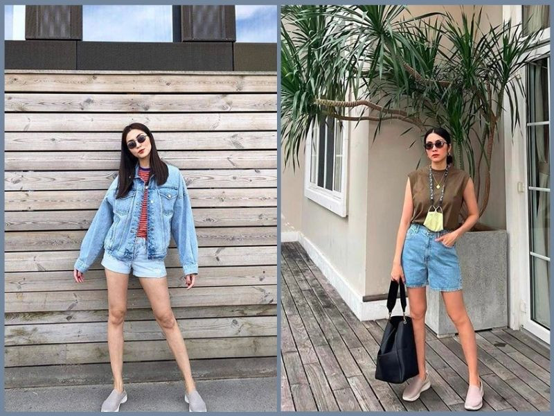 Phối đồ với giày thể thao nữ ngày hè cùng áo thun và quần short denim