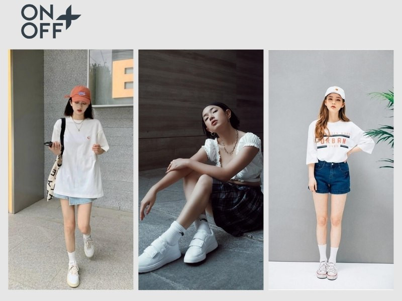 Phối giày sneaker Converse trắng với tất cổ cao năng động