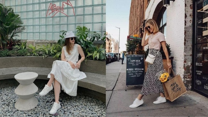 Phối giày thể thao trắng nữ kết hợp với váy