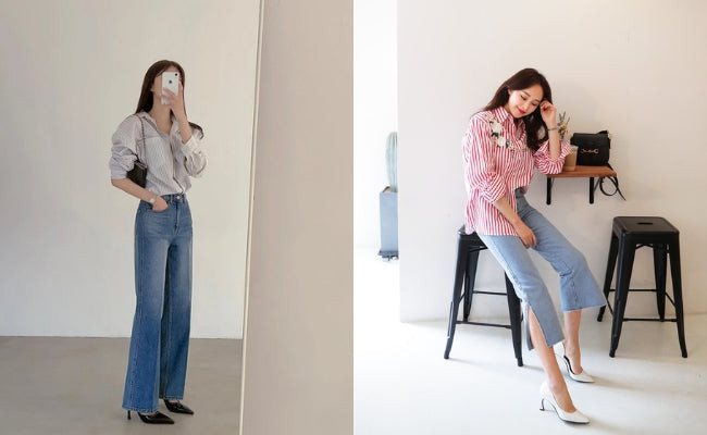 Phối quần jean ống rộng màu sáng với giày cao gót tôn dáng
