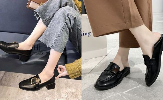Phối quần jean ống rộng với giày lười đen tạo phong cách thanh lịch