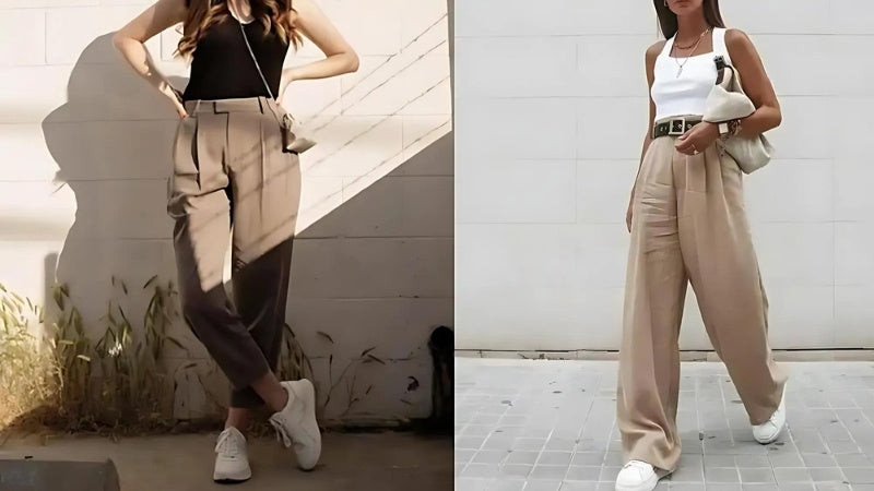 Phong cách công sở hiện đại với quần xếp ly màu kem, áo blouse và giày sneaker nữ trắng