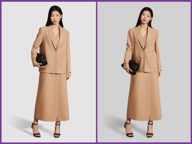 Phong cách công sở thanh lịch với áo blazer màu be phối cùng chân váy chữ A dáng dài và áo thun đơn giản