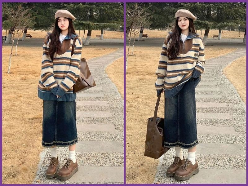 Phong cách Hàn Quốc với sweater trắng rộng rãi kết hợp chân váy chữ A dáng dài màu xám, ấm áp và trẻ trung