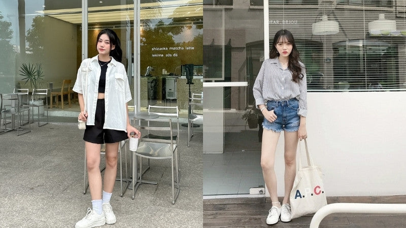 Phong cách năng động với giày thể thao trắng nữ và quần short jeans cạp cao