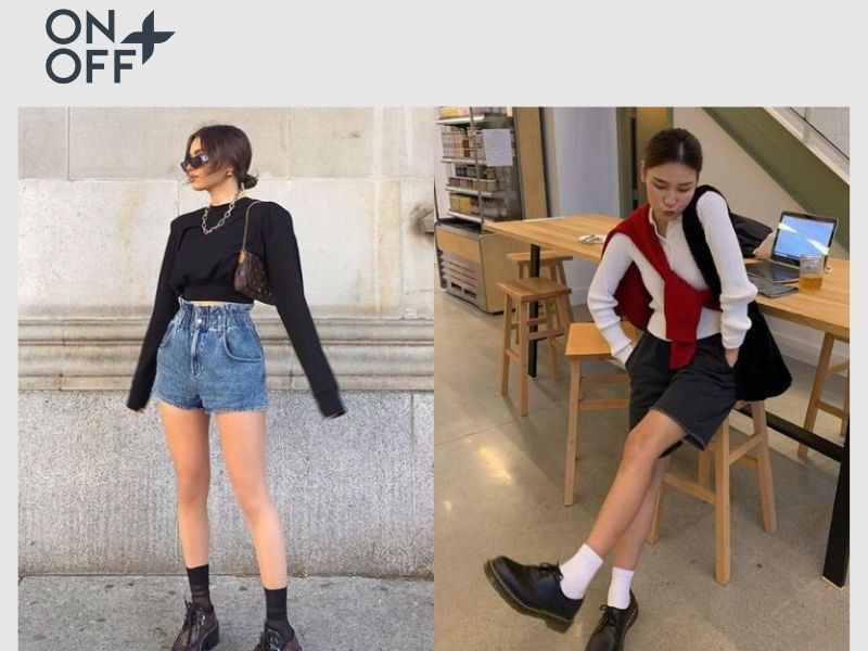 Phong cách phóng khoáng với giày oxford nữ và quần short jeans, kết hợp áo sơ mi oversized.