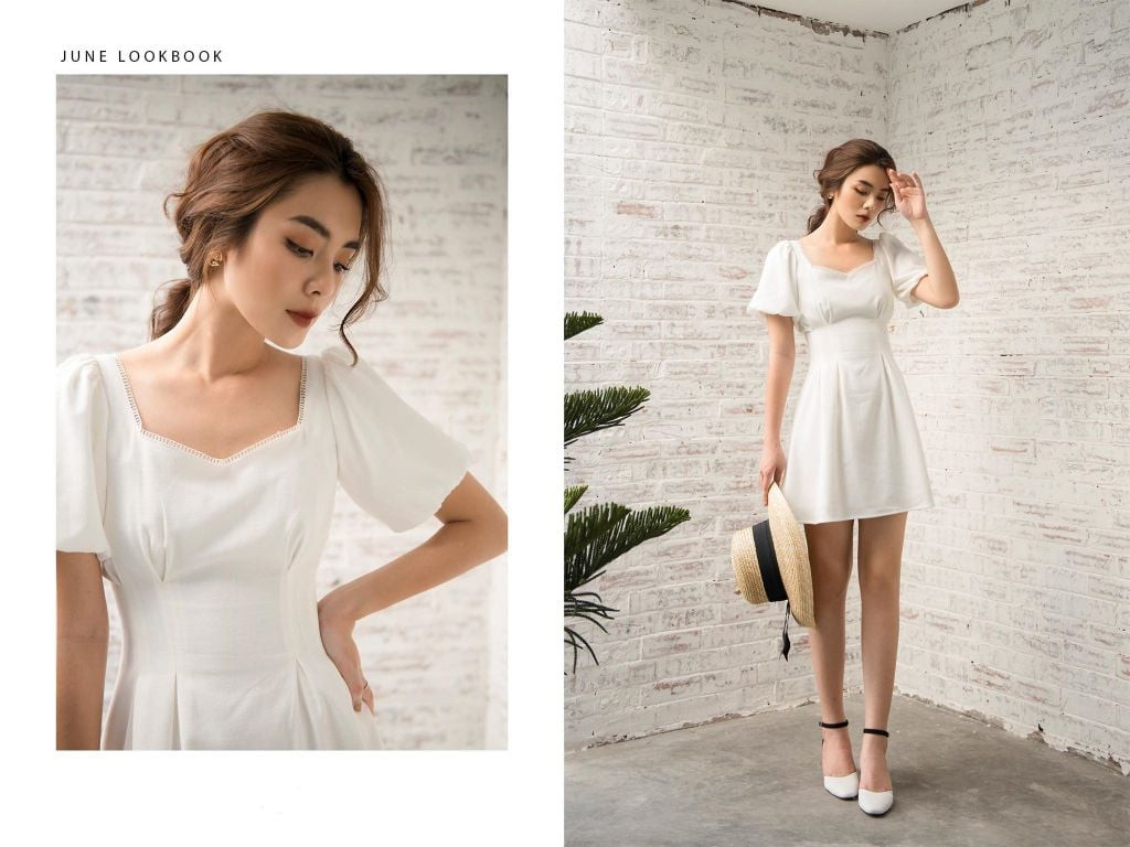 Phụ nữ mặc váy xanh pastel kết hợp giày slingback màu trắng, một mẫu giày nữ nên có cho vẻ đẹp cổ điển
