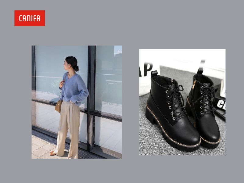Quần âu áo len và giày boot nữ cổ thấp
