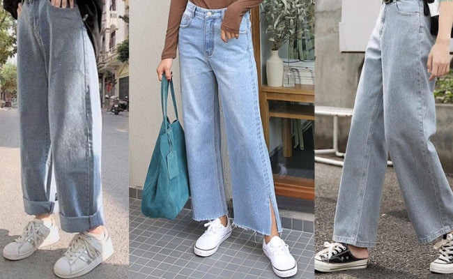 Quần jean ống rộng thời trang và giày sneaker đế chunky
