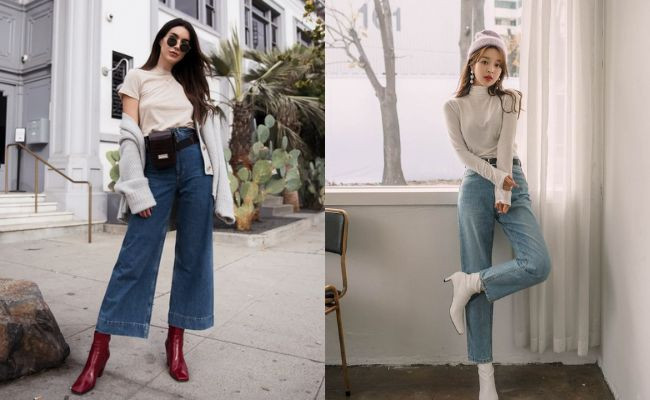 Quần jean ống rộng và giày boot cổ cao cá tính cho mùa đông