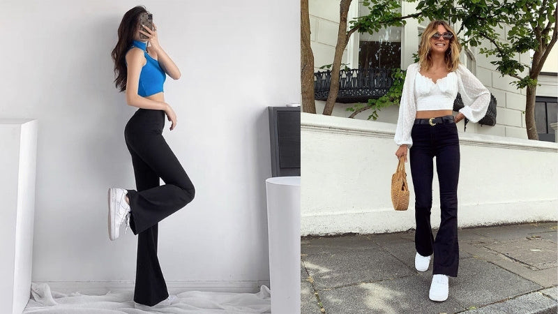 Quần ống loe denim cá tính kết hợp giày trắng nữ và áo hai dây