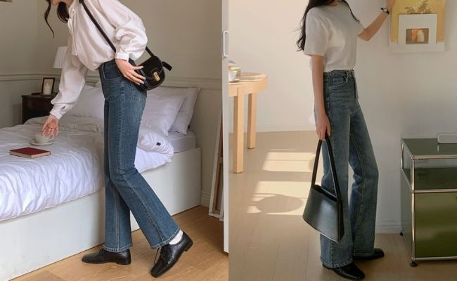 Quý cô thanh lịch phối quần jean ống rộng với giày Oxford nâu