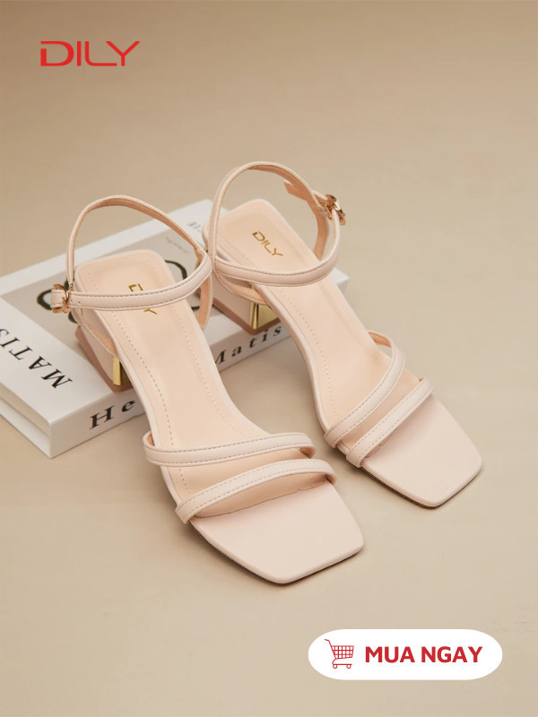 Sandal nữ cao gót 5cm quai mảnh đế vuông trẻ trung màu kem