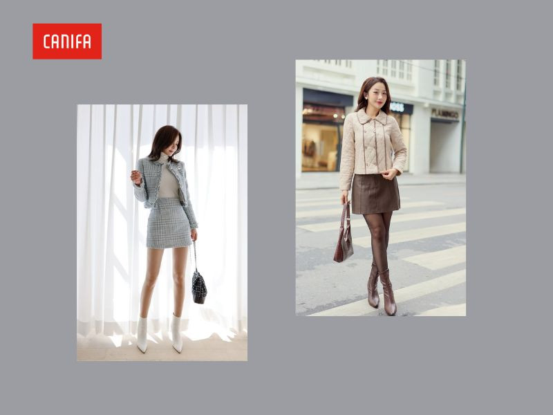 Set đồ dạ tweed và giày boot nữ cổ thấp