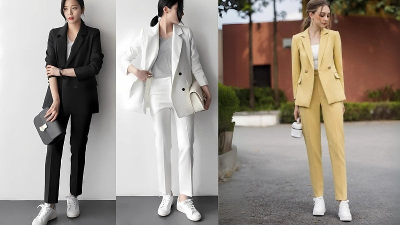 Set đồ thanh lịch với blazer, áo thun và giày trắng nữ hiện đại
