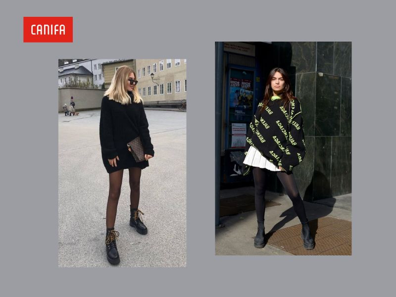 Style giấu quần với quần tất đen và giày boot nữ cổ thấp