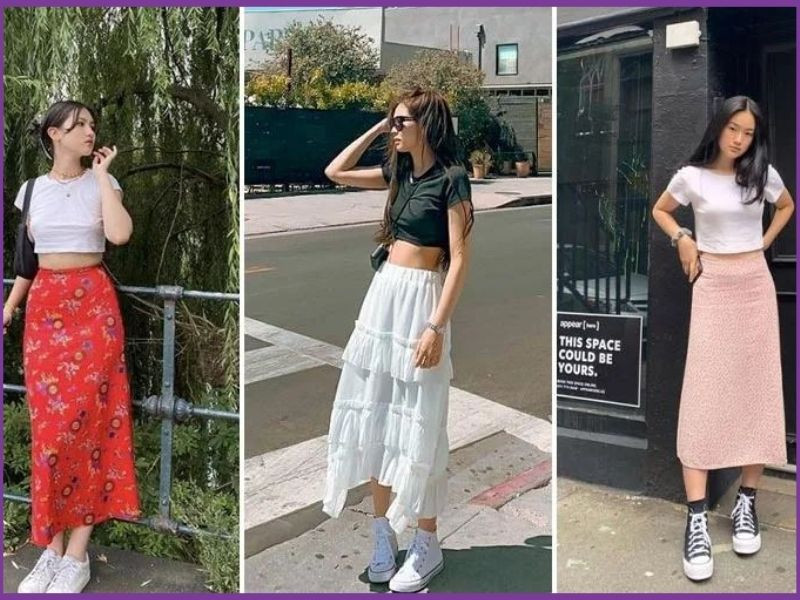 Thanh lịch và quyến rũ với áo croptop màu be phối chân váy chữ A dáng dài trắng, tôn lên vóc dáng thon gọn