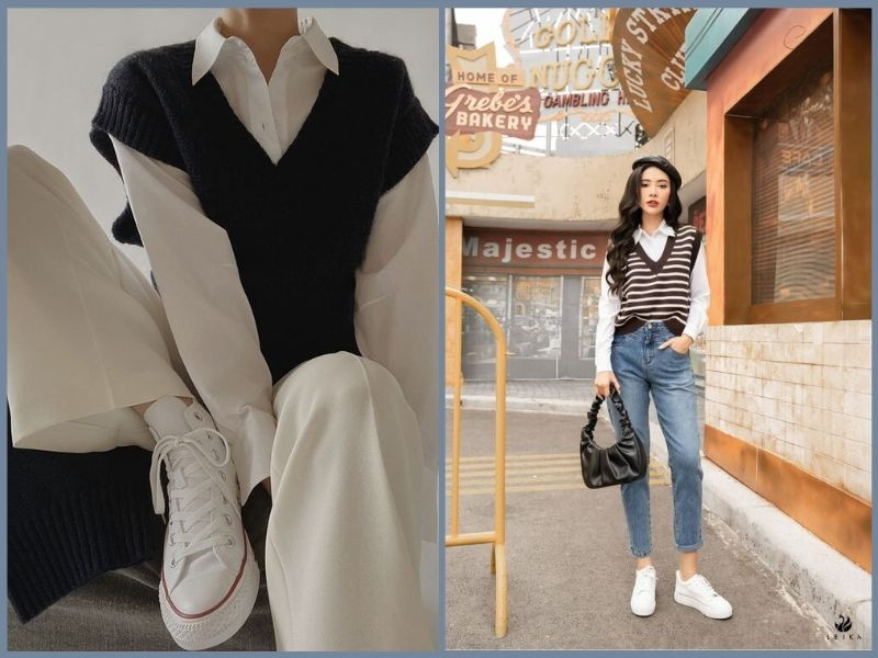 Thanh lịch và trẻ trung khi áo sơ mi mặc gile len cùng giày thể thao nữ