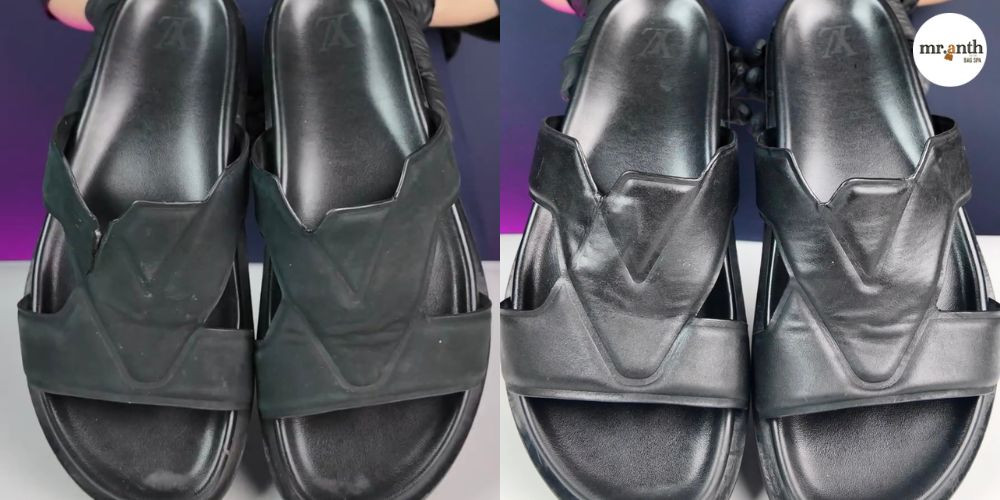 Thợ thủ công tỉ mỉ làm việc phục hồi giày tại trung tâm sửa giày dép chuyên nghiệp Quận 7