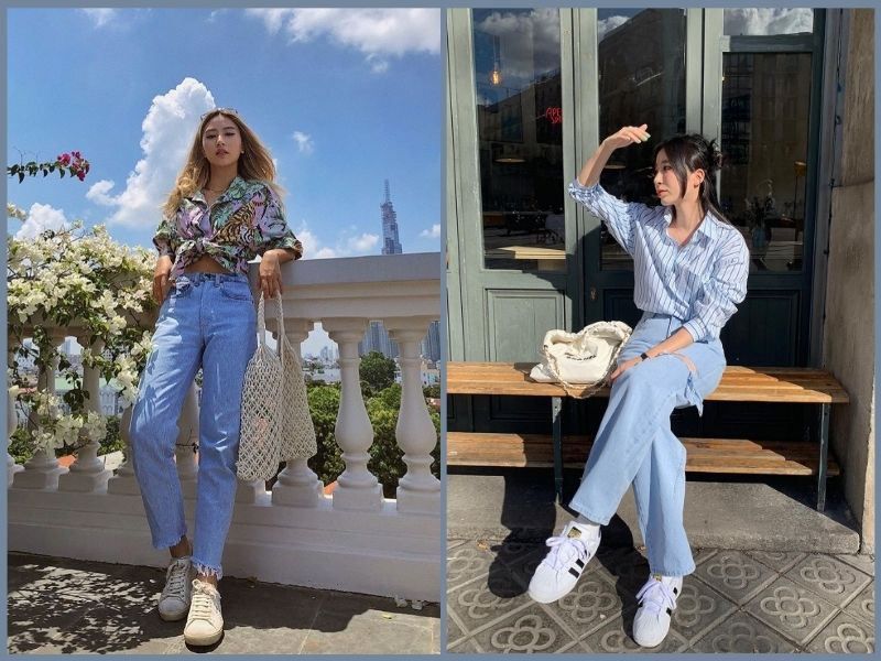 Thoải mái, lịch sự khi mix giày thể thao nữ với áo sơ mi và quần jean ống đứng