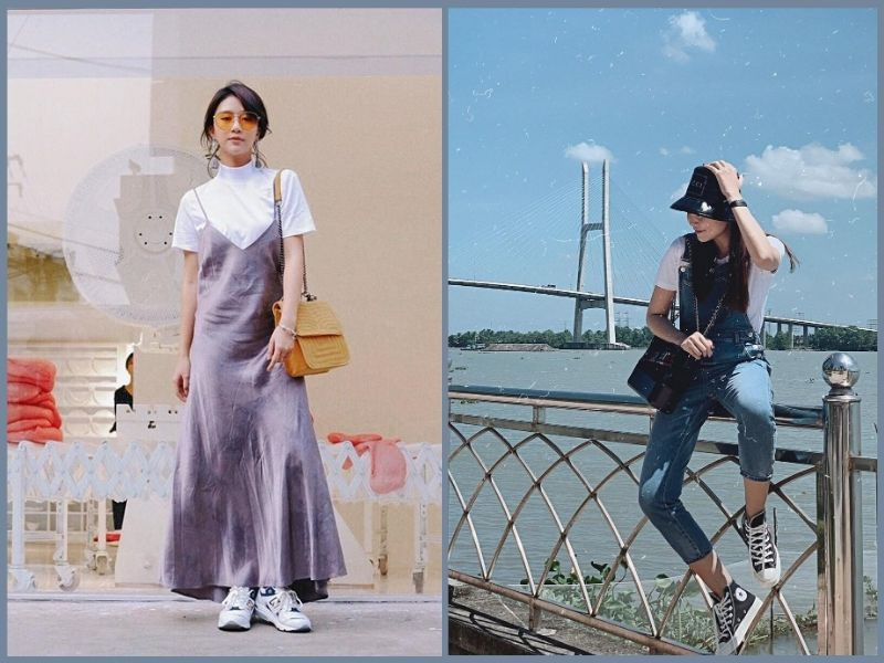 Trẻ trung, đáng yêu khi mix quần yếm denim với giày thể thao nữ