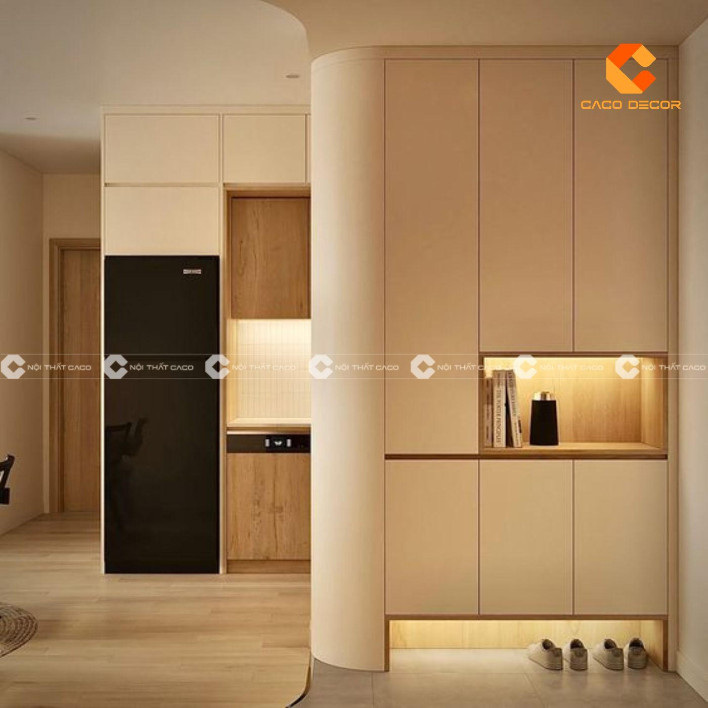 Tủ giày kịch trần âm tường với thiết kế phẳng mịn