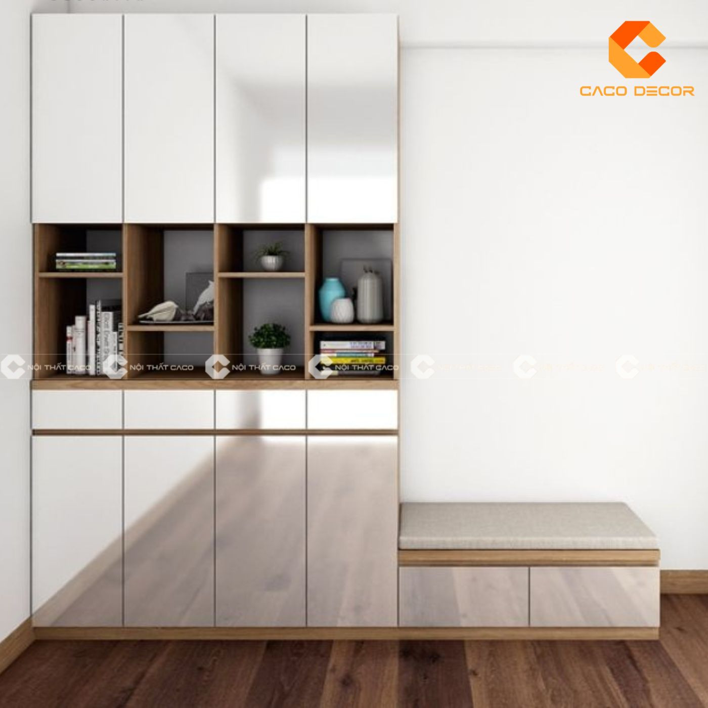Tủ giày kịch trần màu trắng kết hợp các ngăn trưng bày