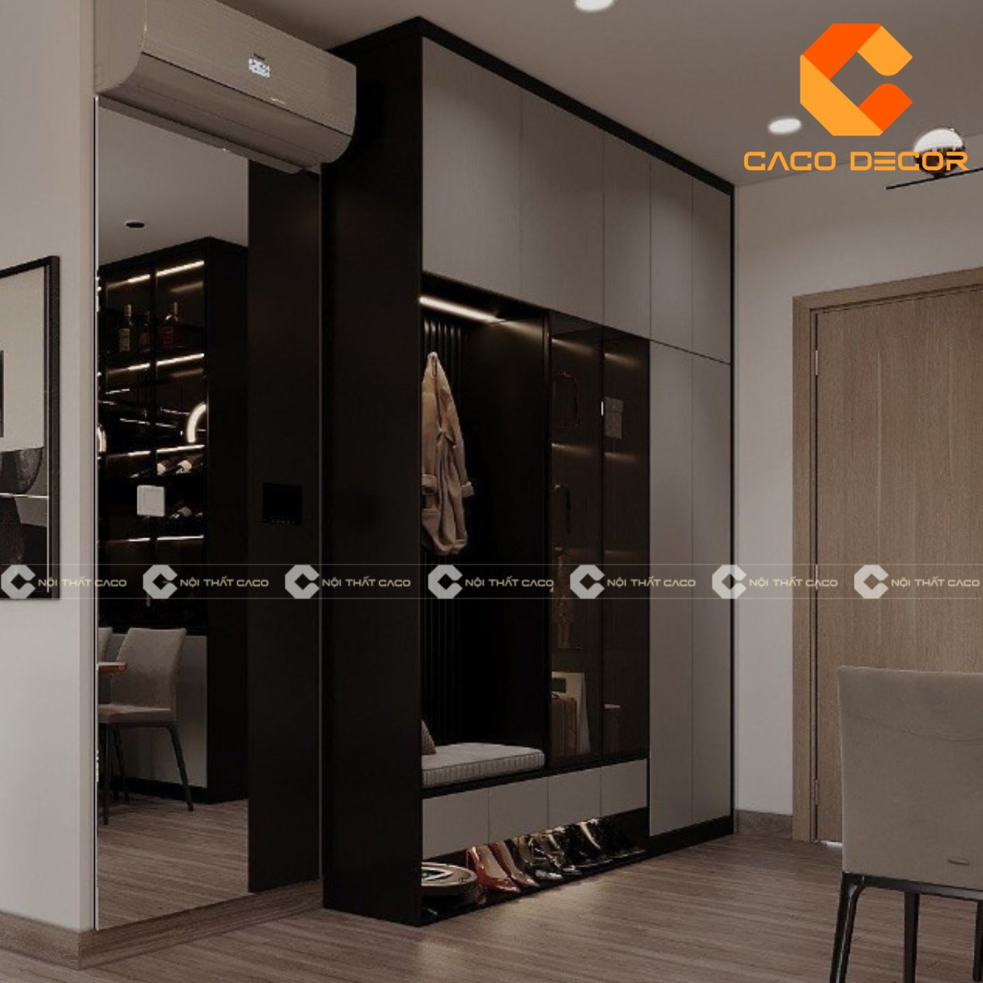 Tủ giày kịch trần thiết kế có ghế ngồi bọc đệm màu xám