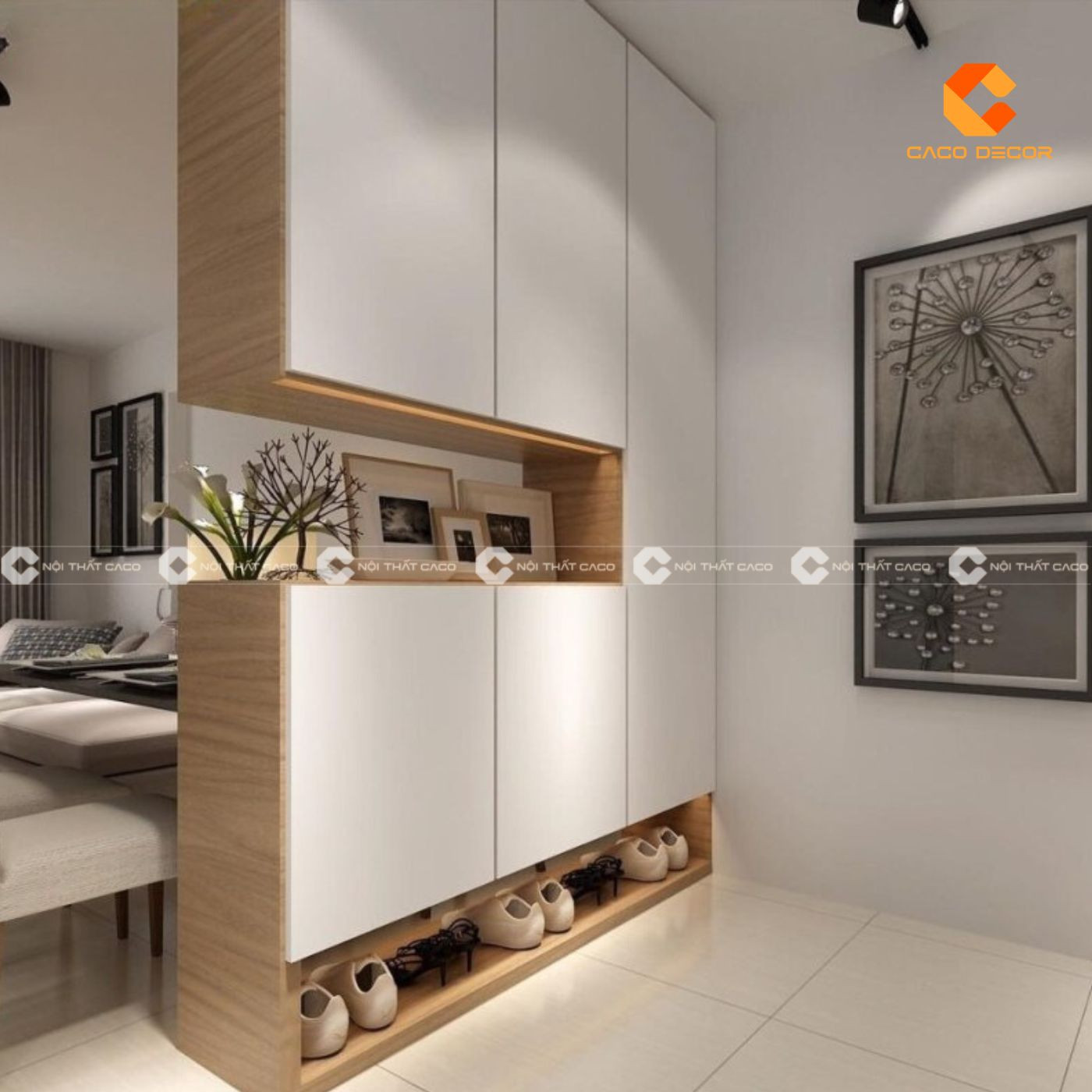 Tủ giày kịch trần vân gỗ sáng có kệ mở trang trí