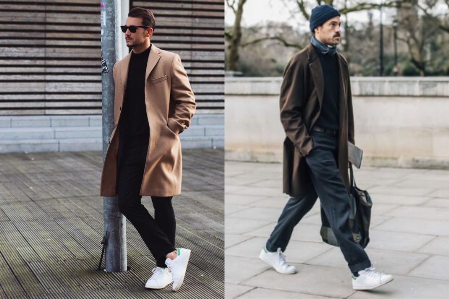 Mix áo khoác dáng dài và cách phối đồ với giày Stan Smith nam mùa đông
