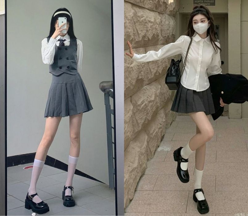 Cách phối đồ với giày búp bê nữ và chân váy chữ A