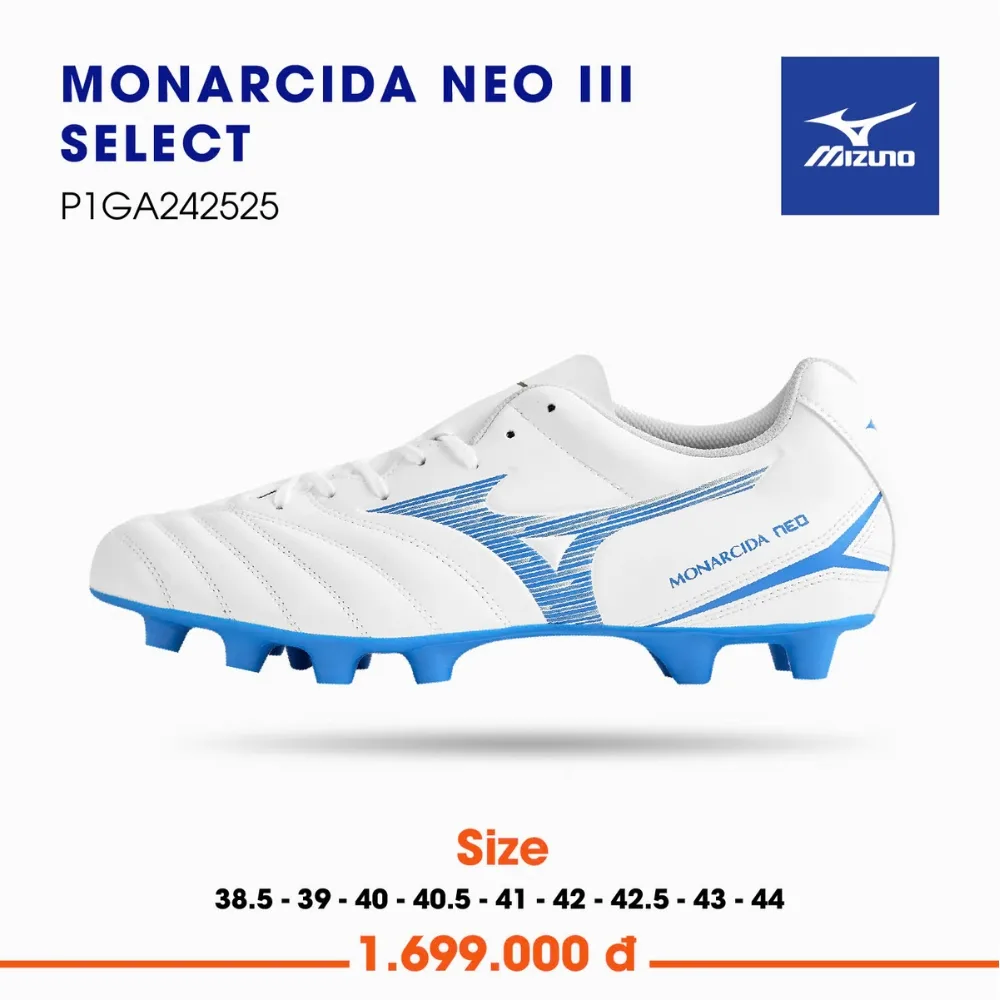 Giày đá bóng sân cỏ tự nhiên Mizuno Monarcida Neo III Select màu trắng xanh
