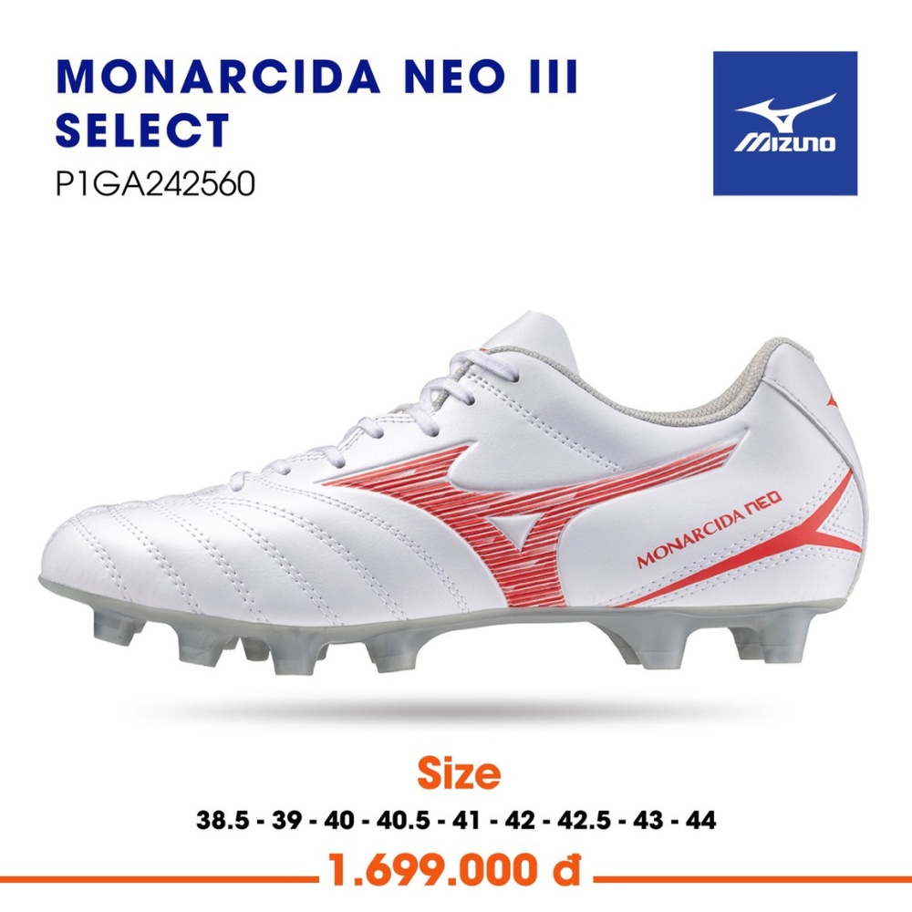 Giày đá bóng sân cỏ tự nhiên Mizuno Monarcida Neo III Select màu trắng đỏ