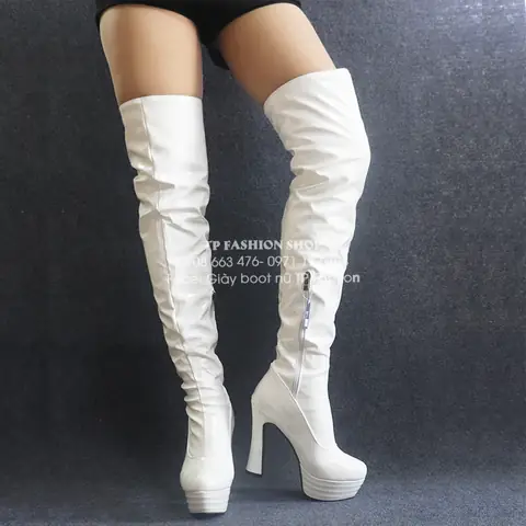 Boot đùi nữ da bóng màu trắng gót vuông 13cm SÀNH ĐIỆU GCC11302 Boot đùi nữ da bóng màu trắng gót vuông 13cm SÀNH ĐIỆU GCC11302