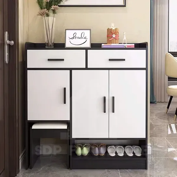 Tủ giày có ghế ngồi với thiết kế trắng phối đen sang trọng