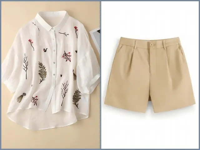 Phối áo sơ mi họa tiết với quần short nữ trơn
