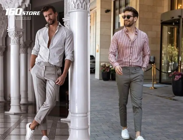 Phối quần tây xám với áo sơ mi họa tiết
