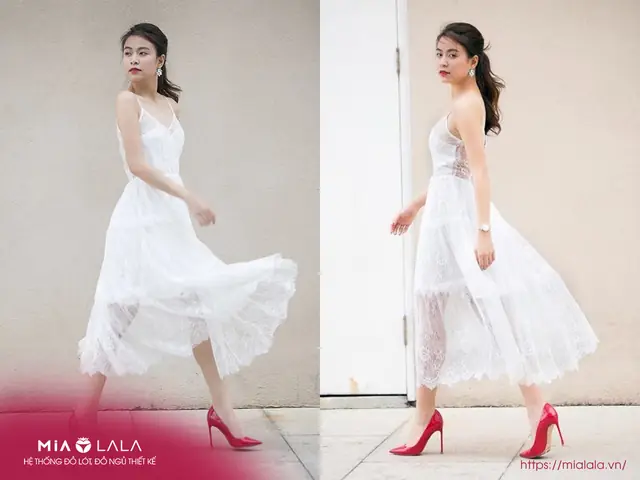 Mặc đầm trắng đi giày màu đỏ thêm quyến rũ Mặc đầm trắng đi giày màu đỏ thêm quyến rũ