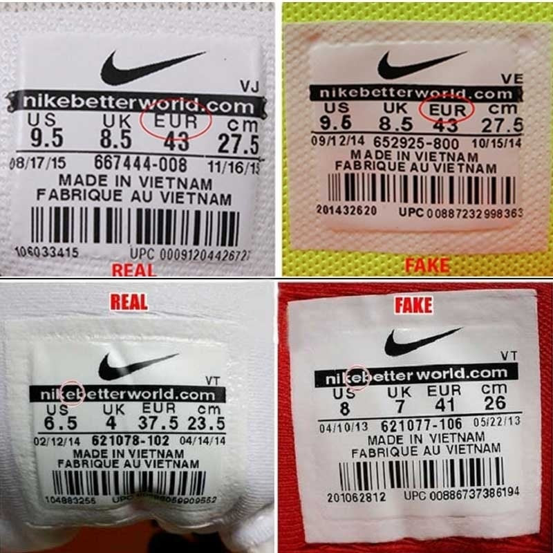 Tem giày Nike chính hãng với các chi tiết in ấn rõ ràng và công nghệ ép nhiệt chuẩn xác